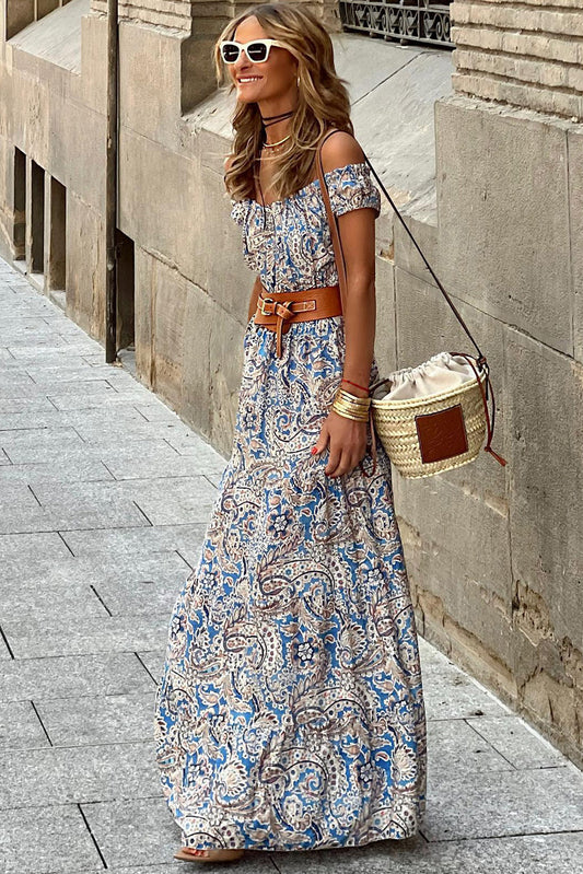 Vestido largo paisley con hombros descubiertos