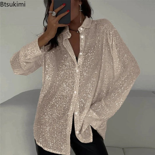 Camisa de lentejuelas de manga larga de la marca BB Bellezachic, con brillo y diseño elegante para ocasiones especiales.