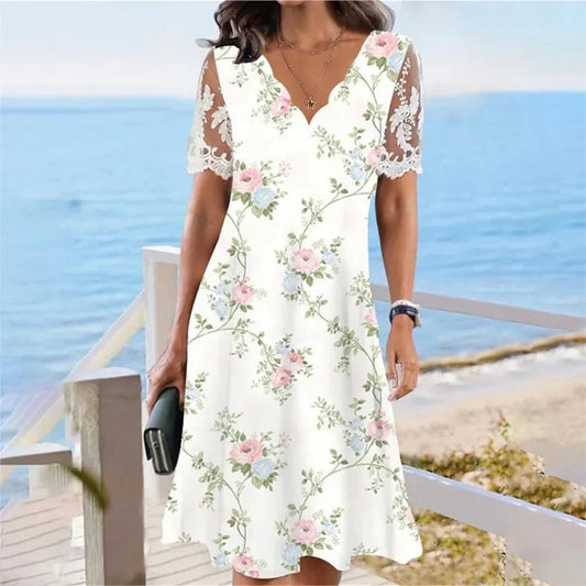 Lady Elegant Floral Print Dress Y2k Fashion Lace Patchwork Design Short Sleeved Dress Women's Foreign Style V-neck Vestidos