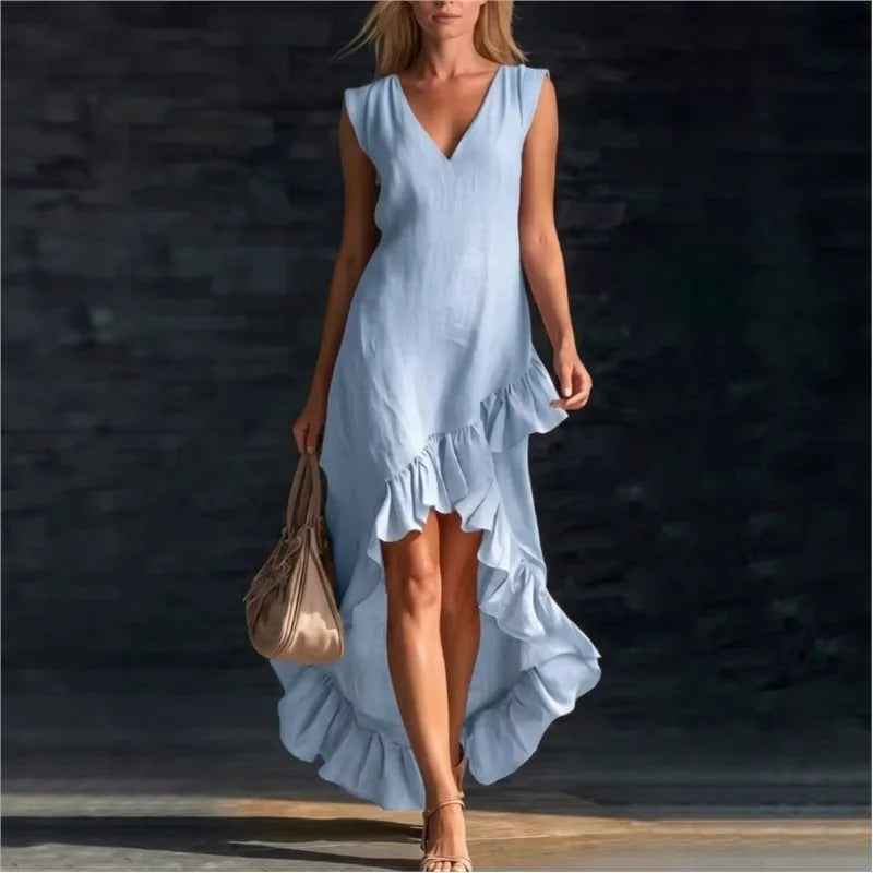 Vestido Largo Asimétrico Chic | Escote V · Volantes · Sin Mangas