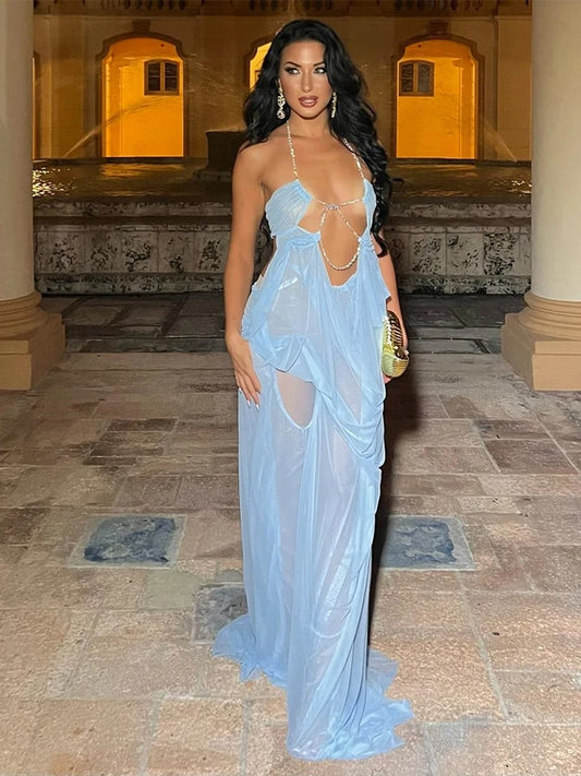 Vestido Stella Glow – Largo Halter con Transparencias y Lujo