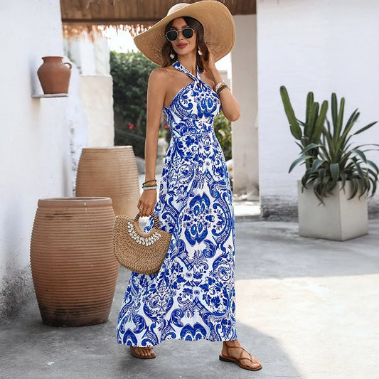 Sexy Neck Hanging Big Hem Women's Long Dress Summer Fashion Blue and White Porcelain Print Vacation Dresses Lady Backless Vestidos