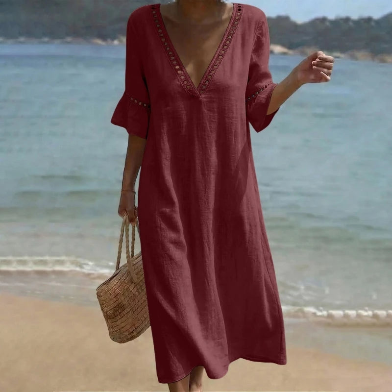 Vestido Maxi Lino Mujer | Cuello V Manga Corta Corte Holgado