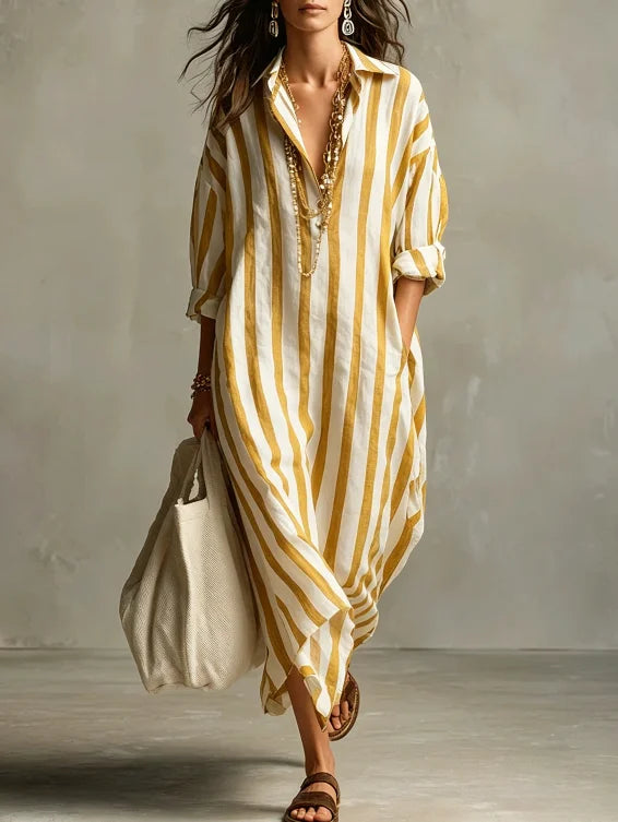Vestido Camisero Largo Rayas | Escote V · Oversize