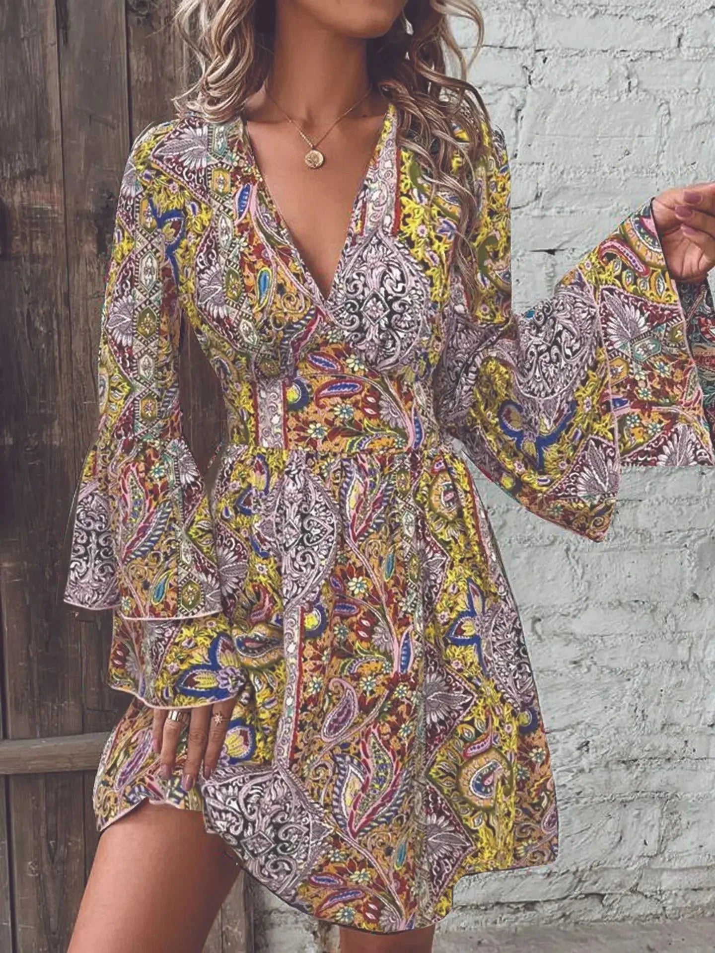 Vestido Estampado Manga Acampanada