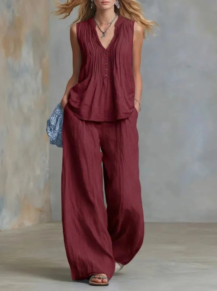Conjunto Office Chic | Top Sin Mangas Escote V + Pantalón Wide Leg Talle Alto