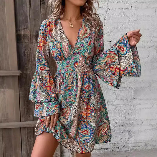 Vestido Estampado Manga Acampanada