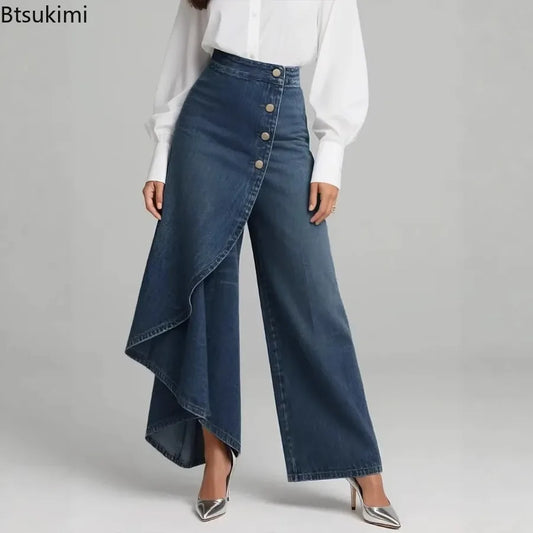 Pantalón de pierna ancha con efecto denim de BB Bellezachic, vista frontal mostrando el diseño de pantalón amplio y estilo casual.