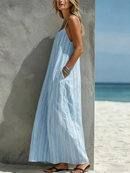 Vestido Maxi Tirantes Rayas | Camisola con Bolsillos Estilo Boho