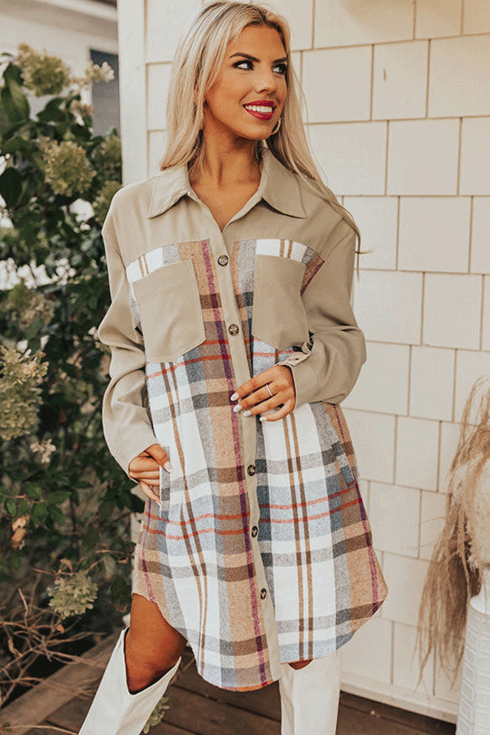 Vestido Camisero de Cuadros Caqui