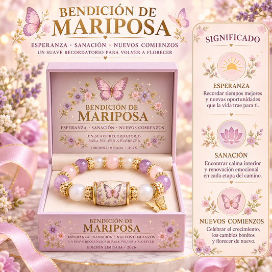 Pulsera de cuentas de cristal en tonos pastel de BB Bellezachic, presentada en caja de regalo con diseño de mariposa.
