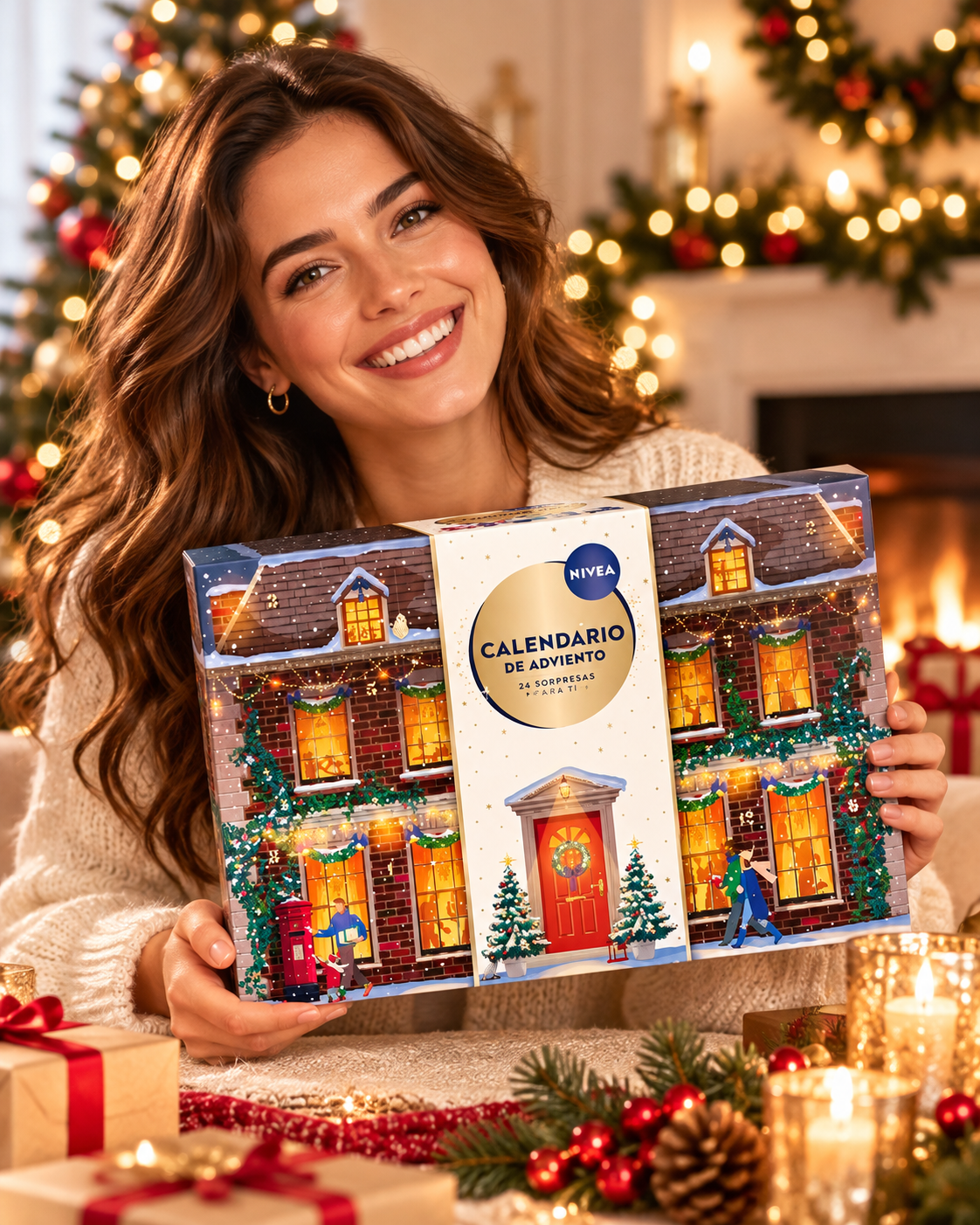 Calendario de Adviento NIVEA 2026 con 24 sorpresas, decorado con luces navideñas y detalles festivos, ideal para la temporada navideña.
