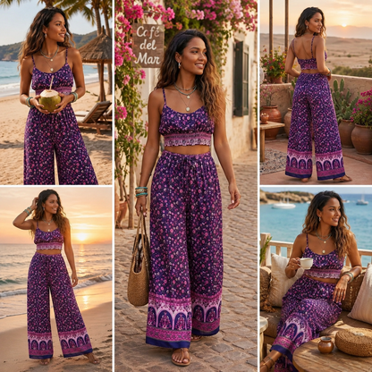 Conjunto Boho Floral Mujer | Top y Pantalón Palazzo Verano