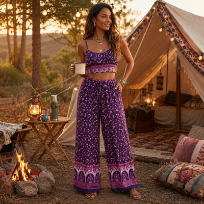 Conjunto Boho Floral Mujer | Top y Pantalón Palazzo Verano