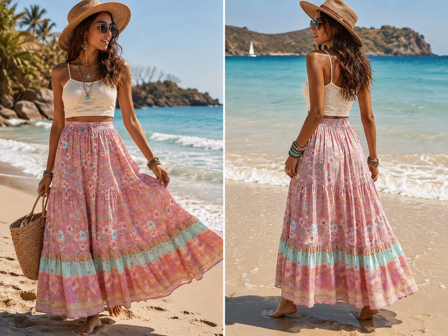 Falda Boho Maxi con Flecos y Estampado Floral