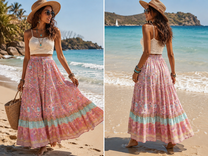 Falda Boho Maxi con Flecos y Estampado Floral