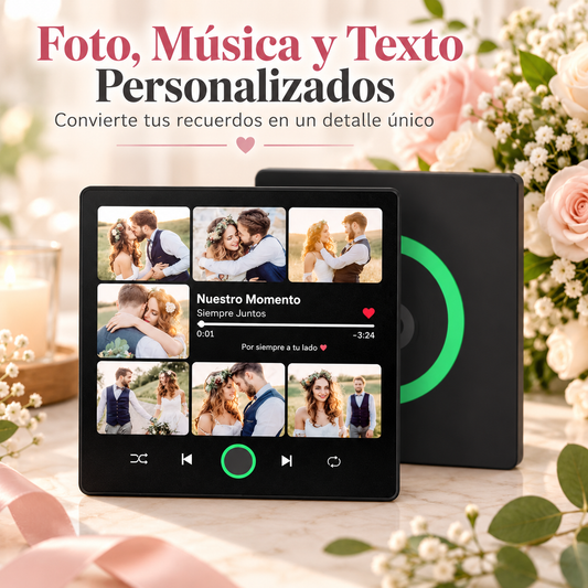 Imán musical personalizado con foto y canción, regalo original de BB Bellezachic, mostrando detalles del imán en la imagen.