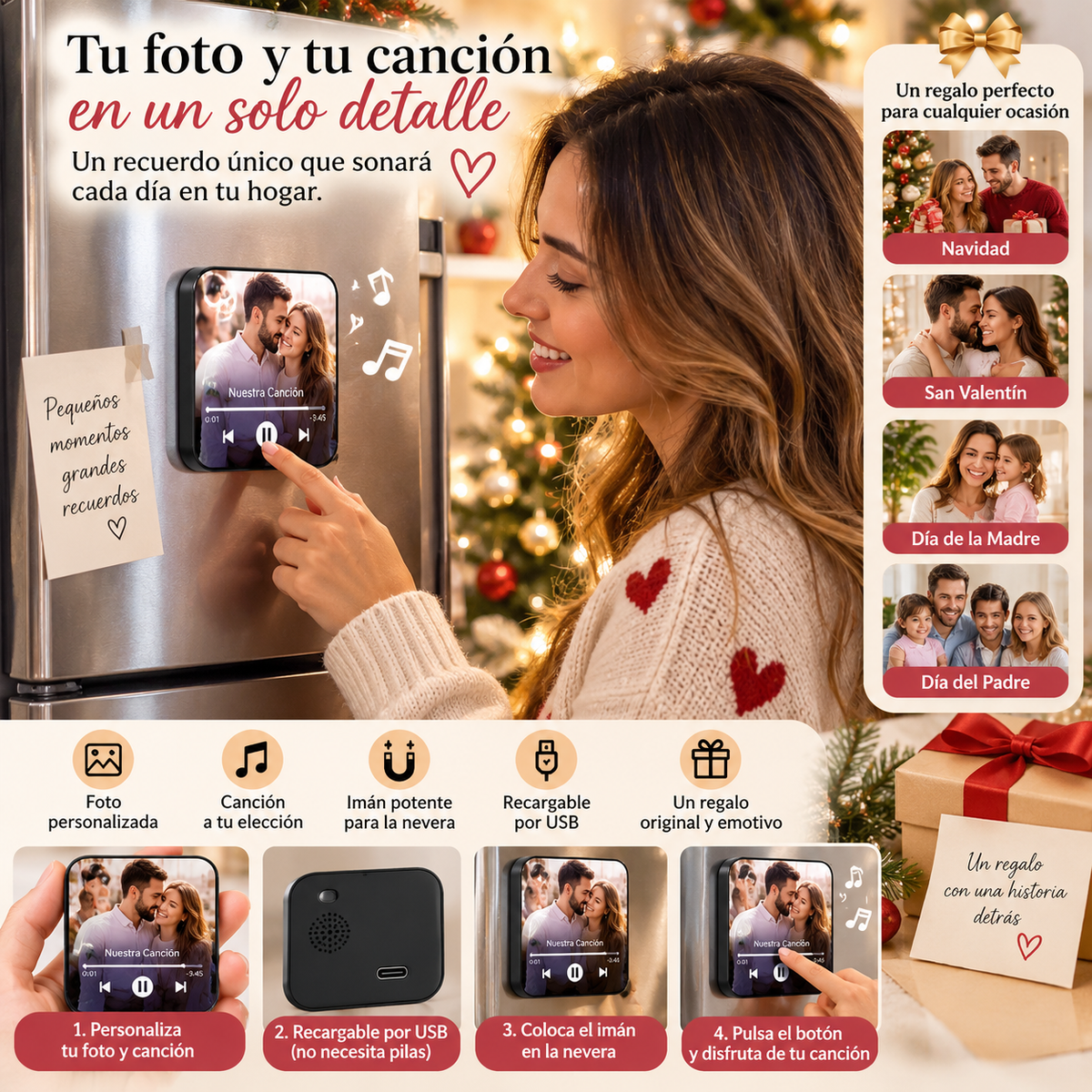 Imán musical personalizado con foto y canción, regalo original de BB Bellezachic, con diseño de recuerdos que suenan en Navidad.
