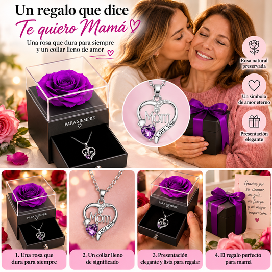 Caja de regalo con rosa morada y collar para mamá, elegante detalle de BB Bellezachic para ocasiones especiales.