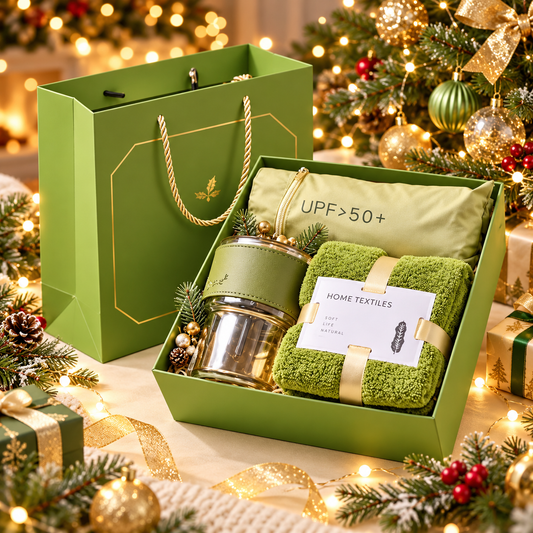 Lote de regalo de lujo en verde Matcha de BB Bellezachic, con envoltorio navideño elegante y detalles decorativos dorados.