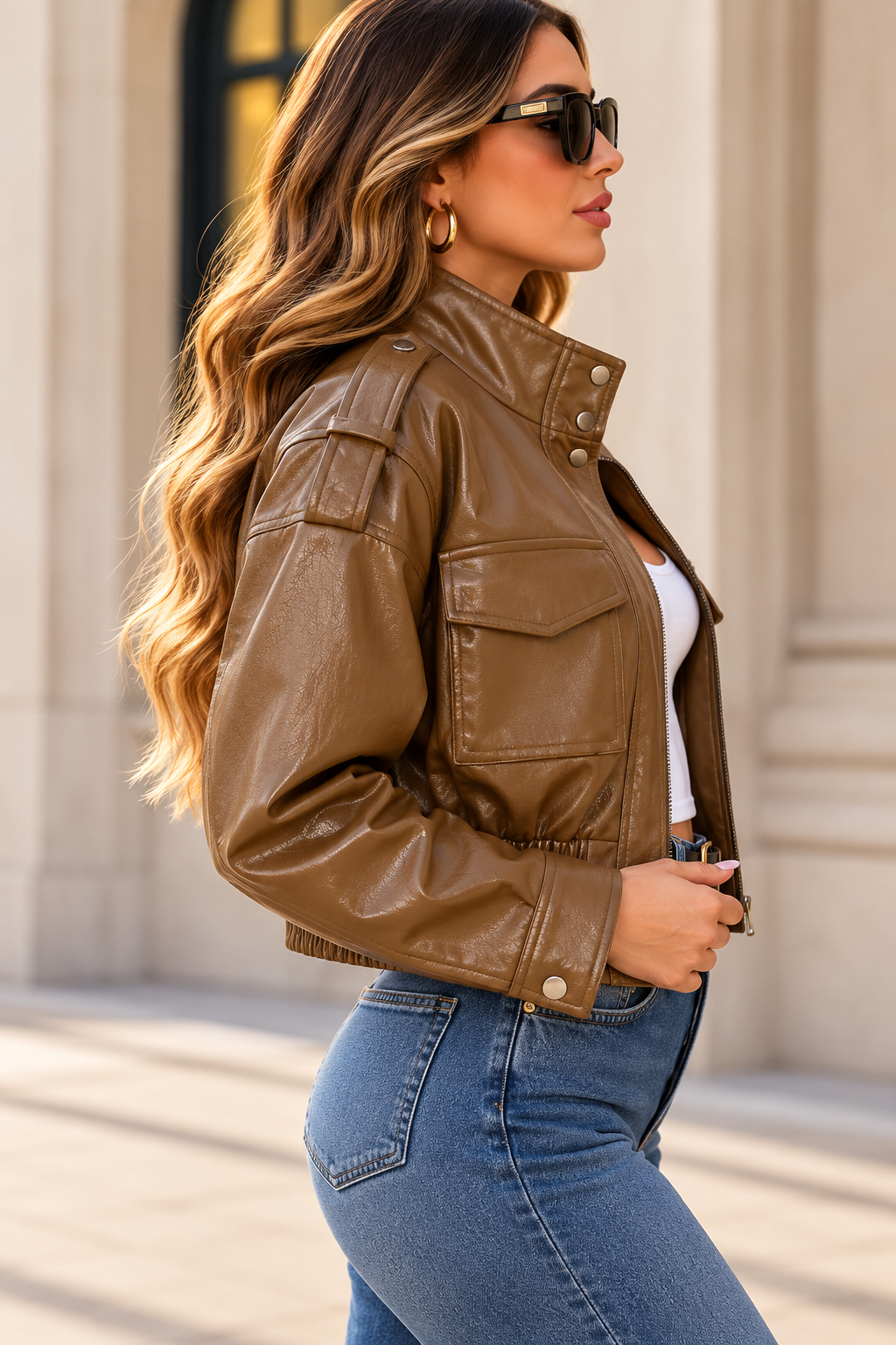 Chaqueta bomber corta efecto piel