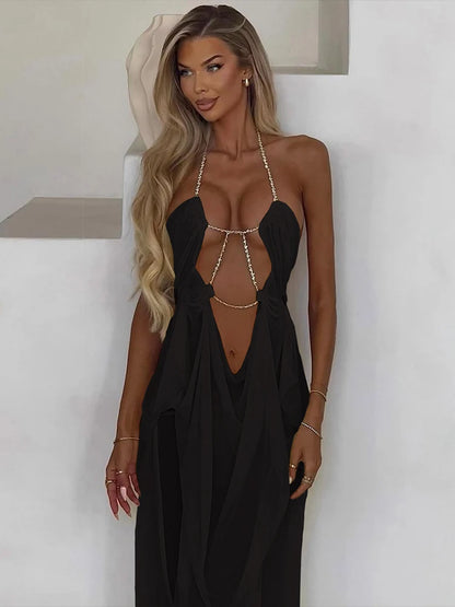 Vestido Stella Glow – Largo Halter con Transparencias y Lujo