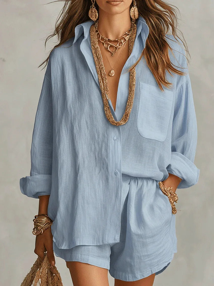 Conjunto Dos Piezas Casual Chic | Camisa Suelta + Shorts Cintura Elástica