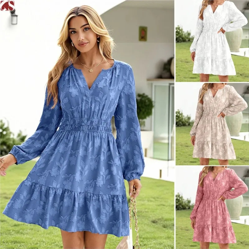 Böhmisches elegantes Jacquard-Minikleid Damen Sommer Mode V-Ausschnitt Langarm Design Kleider Damen Hohe Taille A-Linie Vestidos