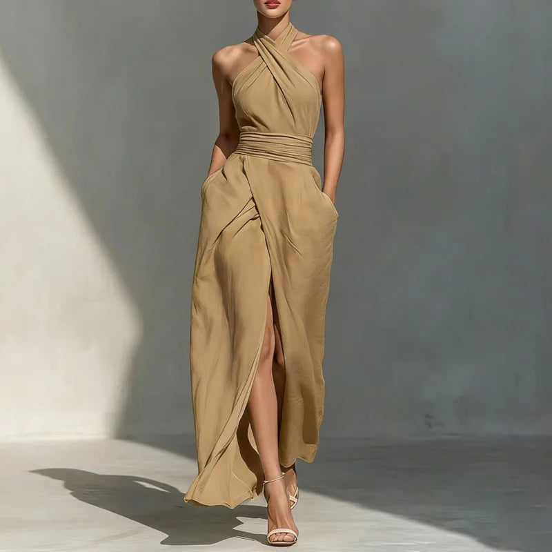 Women's Sexy Off-Shoulder High Waist Long Dress Spring Criss-Cross Halter Hollow Boho Dress Summer Sleeveless Vacation Beach Dress