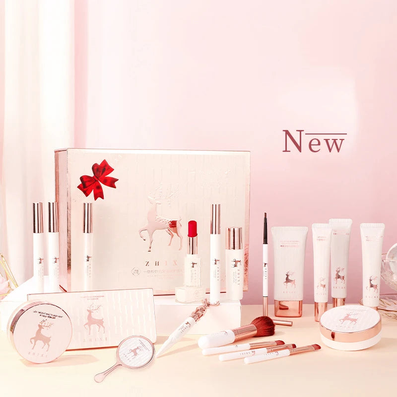 Set de maquillaje BB Bellezachic con 20 piezas en caja de regalo, incluye sombras, labios y más en colores variados.