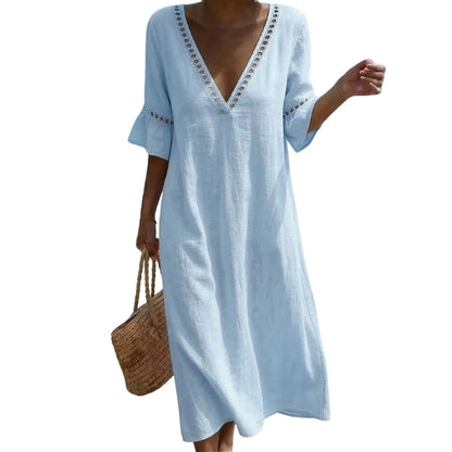Vestido Maxi Lino Mujer | Cuello V Manga Corta Corte Holgado