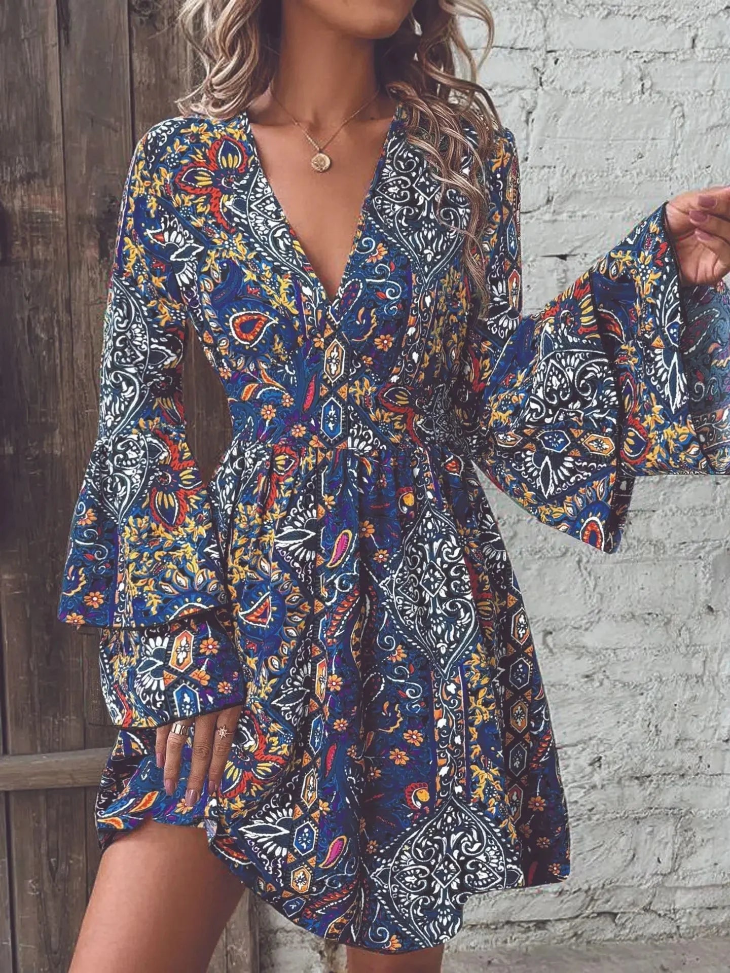 Vestido Estampado Manga Acampanada