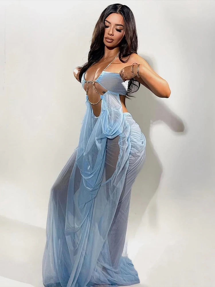 Vestido Stella Glow – Largo Halter con Transparencias y Lujo