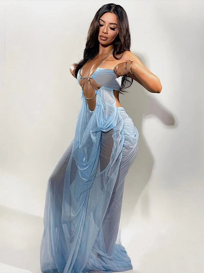 Vestido Stella Glow – Largo Halter con Transparencias y Lujo