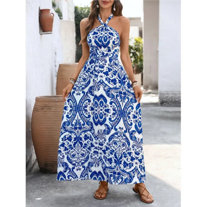 Sexy Neck Hängendes Kleid mit großem Saum für Damen, Sommer-Mode, blau-weißes Porzellanmuster, Urlaubskleider, Damen, rückenfreie Kleider