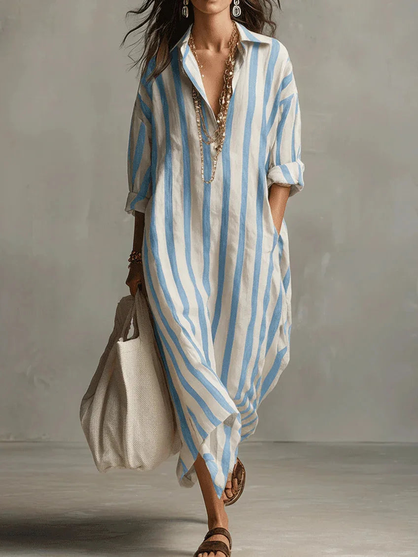 Vestido Camisero Largo Rayas | Escote V · Oversize
