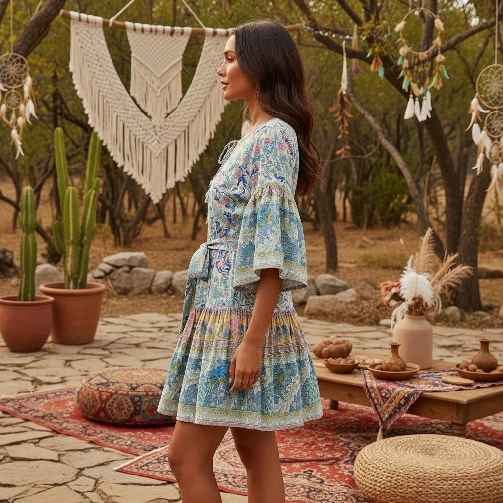 Vestido Boho Mini Floral con Manga Murciélago