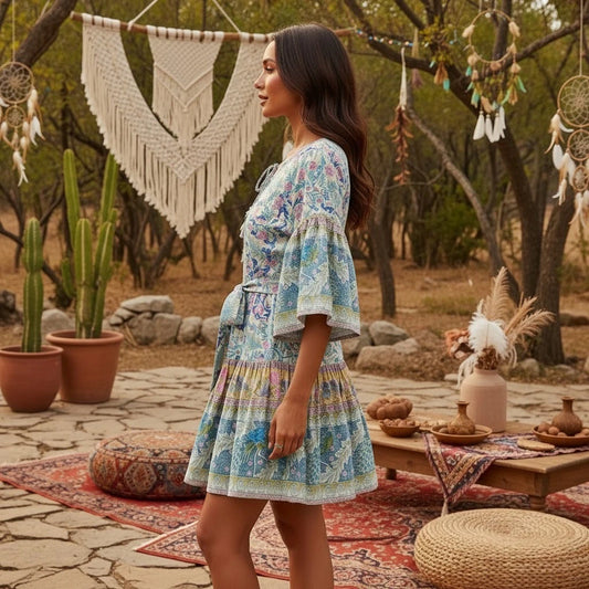 Vestido Boho Mini Floral con Manga Murciélago