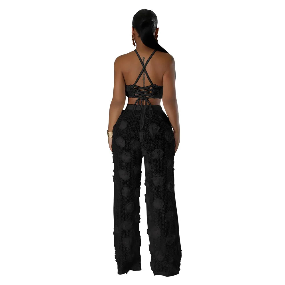 Conjunto 2 Piezas Crop Top Floral y Pantalón Wide-Leg