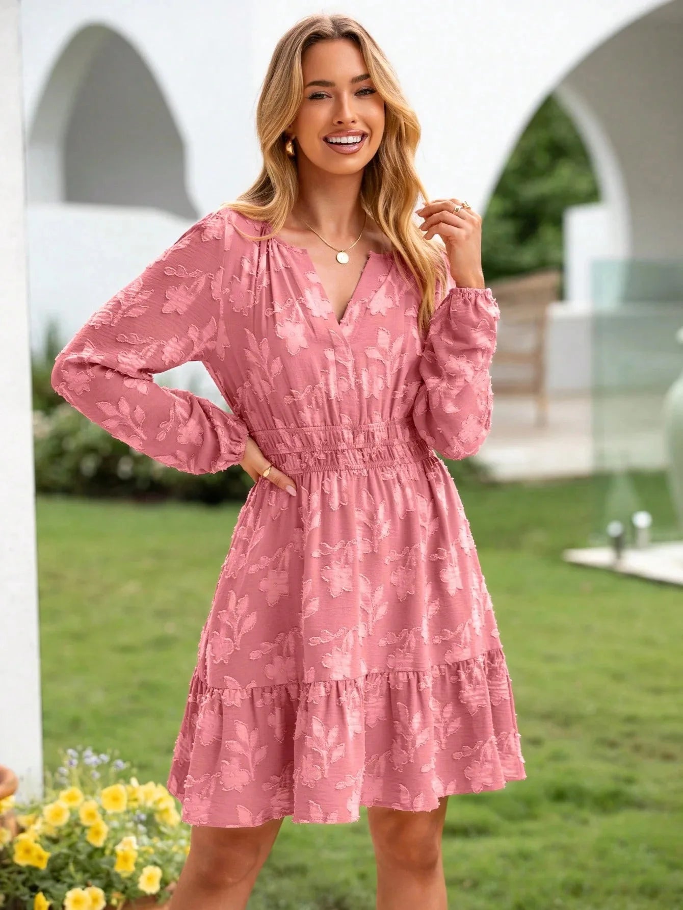 Böhmisches elegantes Jacquard-Minikleid Damen Sommer Mode V-Ausschnitt Langarm Design Kleider Damen Hohe Taille A-Linie Vestidos