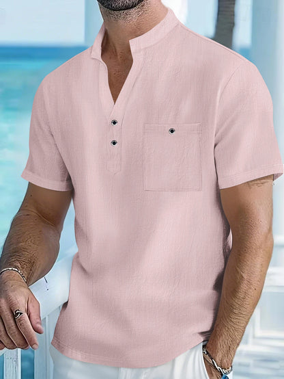 Camisa Hombre Manga Corta | Algodón Lino · Cuello Mao · Casual Outdoor