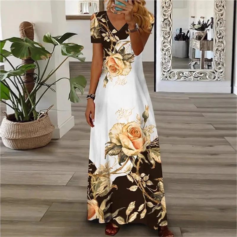 Lässiges Damen-Maxikleid mit Blumenmuster, sommerliches Kurzarmkleid mit V-Ausschnitt, lockere Kleider für Damen im Hot Style, Temperament Vestidos
