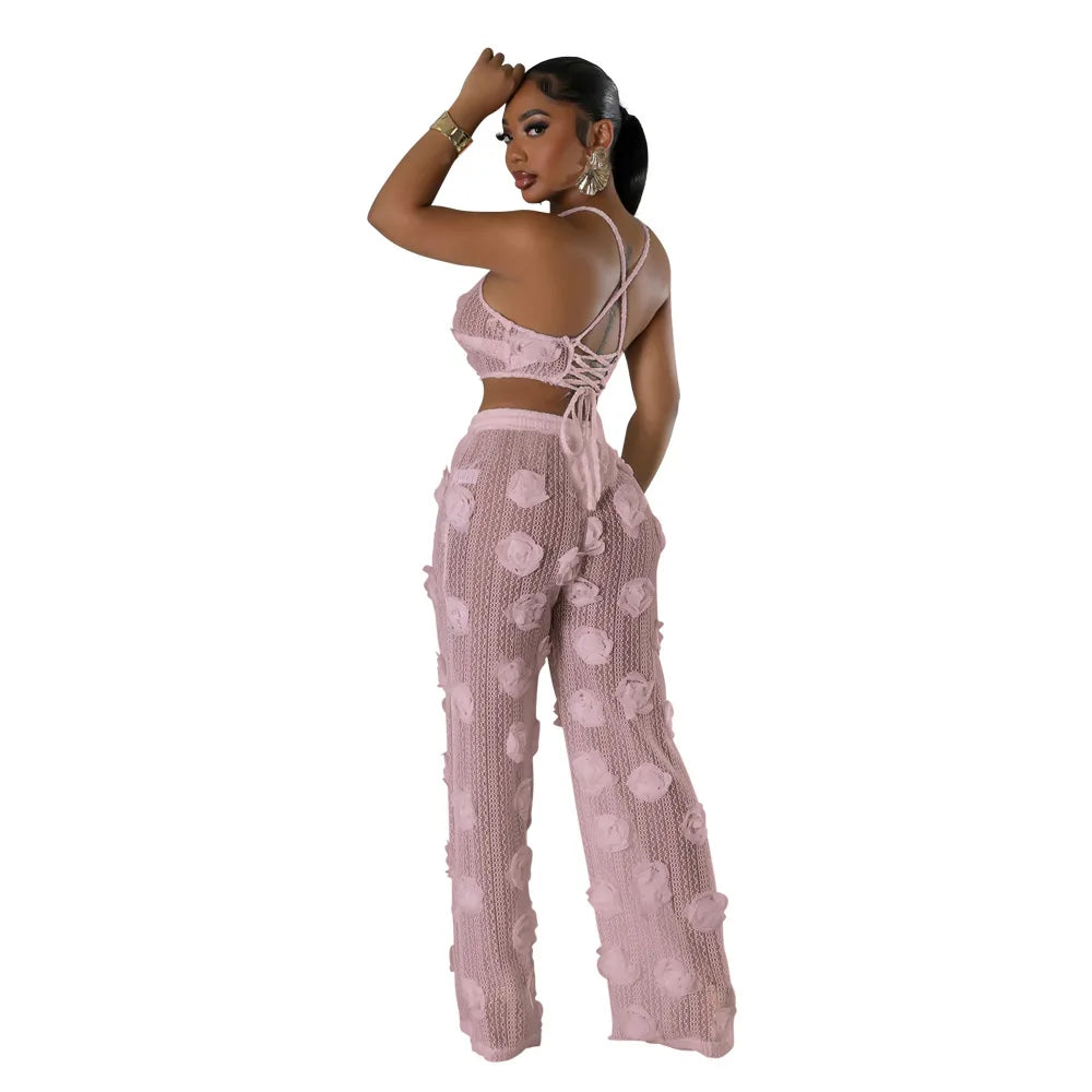 Conjunto 2 Piezas Crop Top Floral y Pantalón Wide-Leg