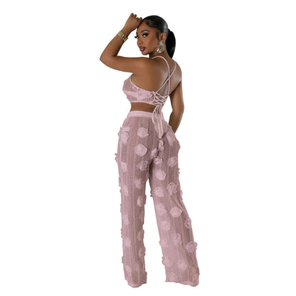 Conjunto 2 Piezas Crop Top Floral y Pantalón Wide-Leg