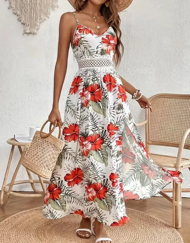 Bohemian Mode Bedrucktes A-Linien-Kleid Damen Sommer Sexy V-Ausschnitt Trägerkleid Damen Schlitz Saum Lässige Strandurlaubskleider