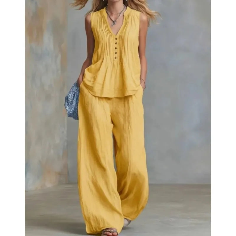 Conjunto Office Chic | Top Sin Mangas Escote V + Pantalón Wide Leg Talle Alto