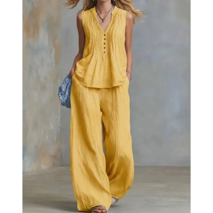 Conjunto Office Chic | Top Sin Mangas Escote V + Pantalón Wide Leg Talle Alto