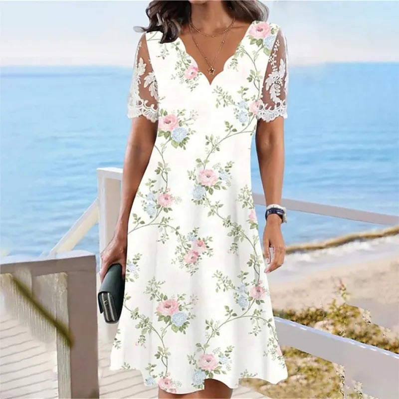 Lady Elegantes Kleid mit Blumenmuster Y2k Fashion Spitzen-Patchwork Kurzarmkleid Damen Freizeitkleid im ausländischen Stil V-Ausschnitt Vestidos