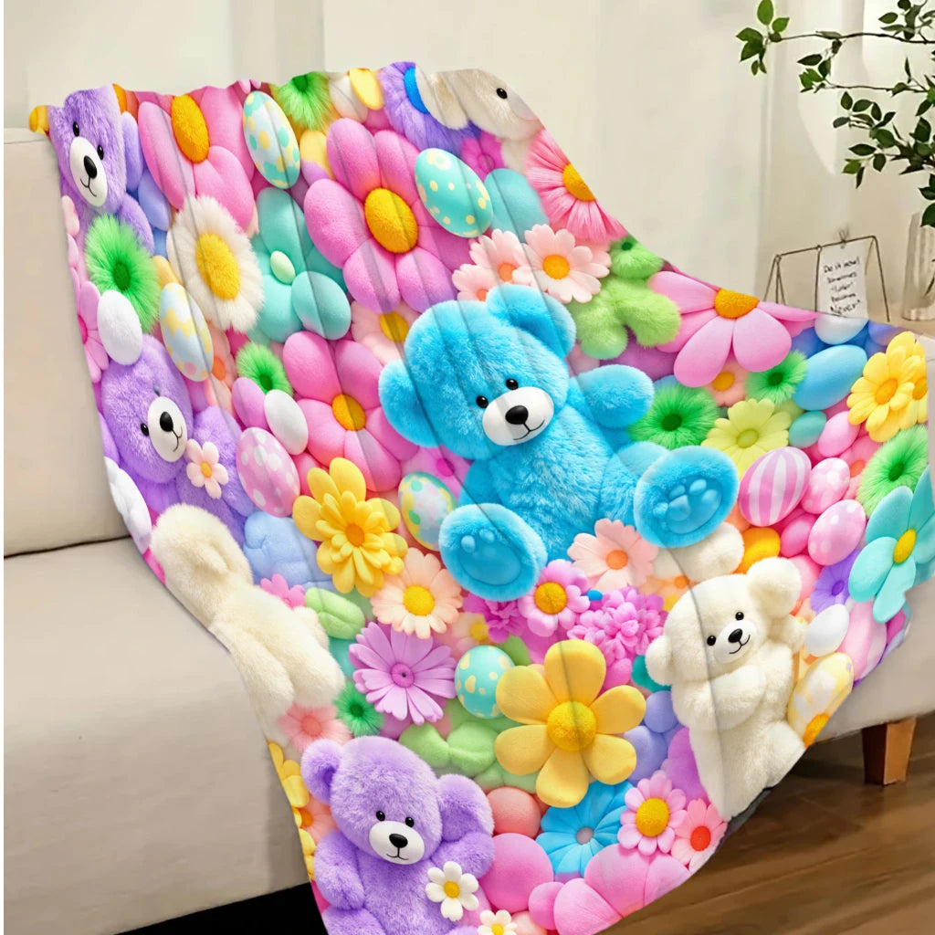 Manta suave de ositos y flores de BB Bellezachic, textura acolchada y colores pasteles para bebé o cuna.