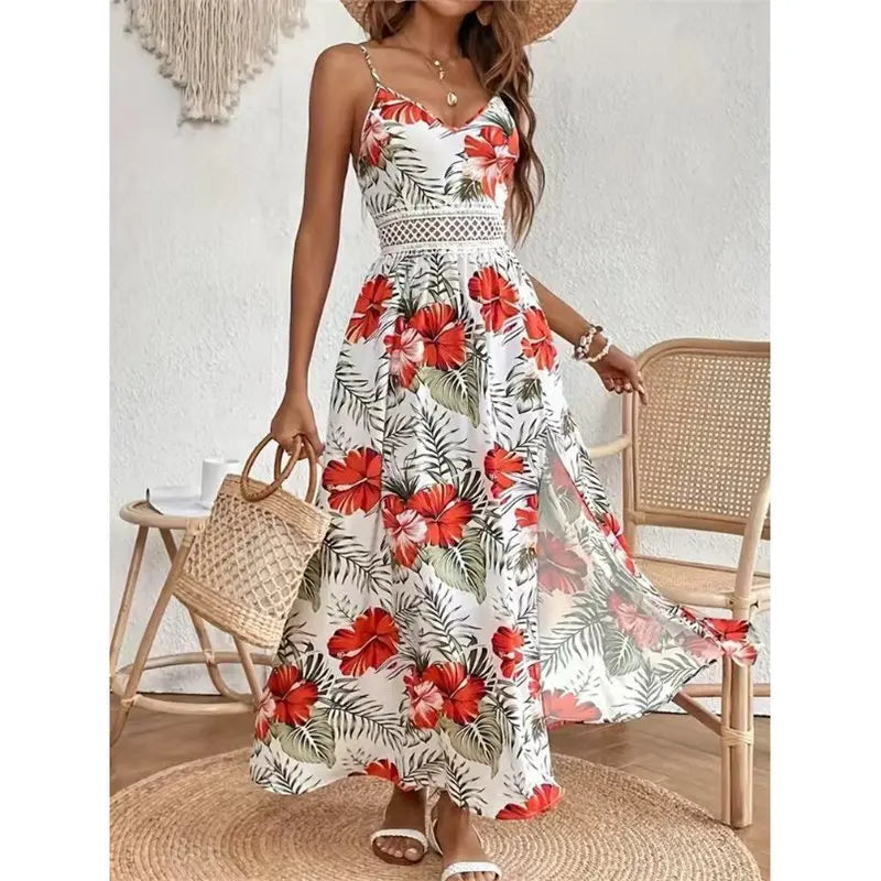 Bohemian Mode Bedrucktes A-Linien-Kleid Damen Sommer Sexy V-Ausschnitt Trägerkleid Damen Schlitz Saum Lässige Strandurlaubskleider
